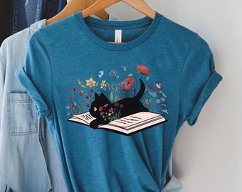 Floral Cat Shirt, Cat Lover Shirt, Cat Book Shirt, Cat Lover Gift, Gift for Her, Cat Mom Shirt Gift, Cute Cat Shirts, Cute Book Cat Shirt