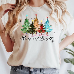 Merry and Bright Trees, Women&#39;s Christmas Shirt, Womans Holiday Shirt,Christmas Gift,Chic Winter Shirt,Cute Holiday Tee,Christmas Tree Shirt