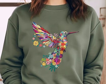 Floral Hummingbird Sweatshirt ,Animal Lover Tee, Bird Sweatshirt, Trendy Tee, Gift For Her, Bird Lover T-Shirt, Spring Birds, Flower Shirt