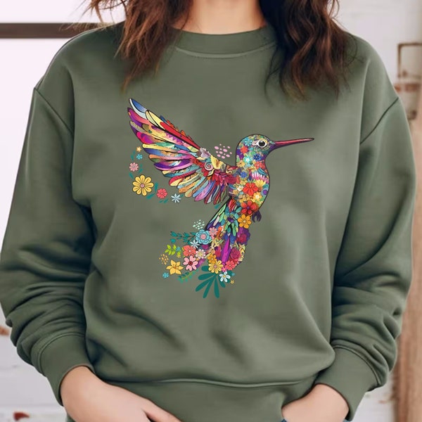 Floral Hummingbird Sweatshirt ,Animal Lover Tee, Bird Sweatshirt, Trendy Tee, Gift For Her, Bird Lover T-Shirt, Spring Birds, Flower Shirt