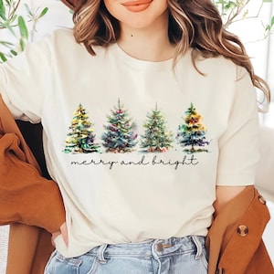 Merry and Bright Trees, Women&#39;s Christmas Shirt, Womans Holiday Shirt,Christmas Gift,Chic Winter Shirt,Cute Holiday Tee,Christmas Tree Shirt