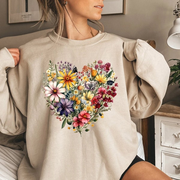 Vintage Pressed Flowers Sweatshirt, Boho Cottagecore Crewneck, Pastel Botanical Floral Pullover, Fairycore Oversized Wildflowers Sweatshirt