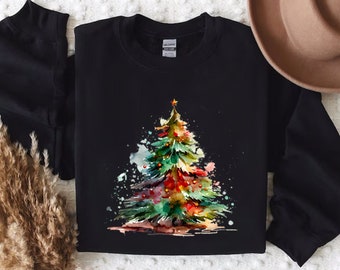 Watercolor Tree Christmas Sweater, Christmas Sweater, Christmas Crewneck, Christmas Tree Sweatshirt, Holiday Sweaters for Women,Winter Shirt