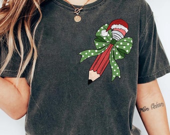 Teacher Pencil Christmas, Teacher Coquette Christmas Shirt, Holly Jolly Teacher Cute X-mas Holiday Class Party Sweatshirt, Teacher Xmas Tee
