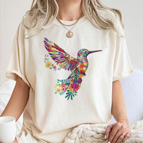 Floral Hummingbird Shirt ,Animal Lover Tee, Bird T Shirts, Trendy Tee, Gift For Her,  Bird Lover T-Shirt, Spring Birds, Flower Shirt, Bird