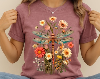 Vintage Dragonfly Floral Shirt, Woman Shirt, Cottagecore Garden Flower Shirt, Nature Botanical Floral Shirt, Dragonfly Shirt, Wildflower Tee