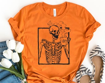 Hot Coffee Skeleton Shirt, Skeleton Drinking Coffee Shirt,Birthday Gift Skeleton Shirt, Halloween Skeleton Shirt, Skeleton Shirt,Skull Shirt