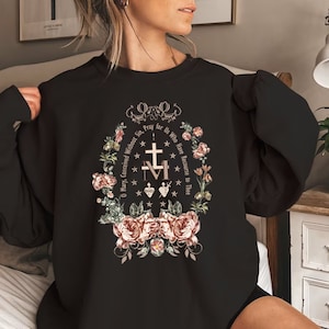 Miraculous Medal Sweatshirt, Virgin Mary Shirt, Marian Cross T-Shirt, Holiday Gifts Idea,Catholic Gifts for Women,Marian Catholic Sweatshirt