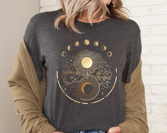 Mystic Moon And Sun Shirt, Mystical Moon Phase Shirt, Moon Phase T-Shirt, Boho Vintage Moon Shirt, Celestial Moon Shirt, Spiritual T-Shirt