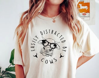Easily Distracted By Cows Shirt,Cow Sweatshirt,Aesthetic Sweater,Funny Cow Shirt,Farm Love Shirts,Farm Animal Tshirt,Humorous Saying Sweater