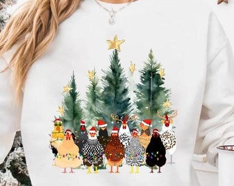 Сute Christmas Chickens Sweatshirt, Christmas Farm Animals Sweatshirt, Womens Christmas Chicken Sweatshirt,Christmas Holiday Sweatshirt Gift