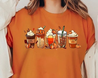 Fall Coffee Shirt, Cute Fall Sweatshirt, Coffee Lover tee Shirt, Halloween Pumpkin Latte Drink Cup, Pumpkin Spice Shirt, Thanksgiving Shirt