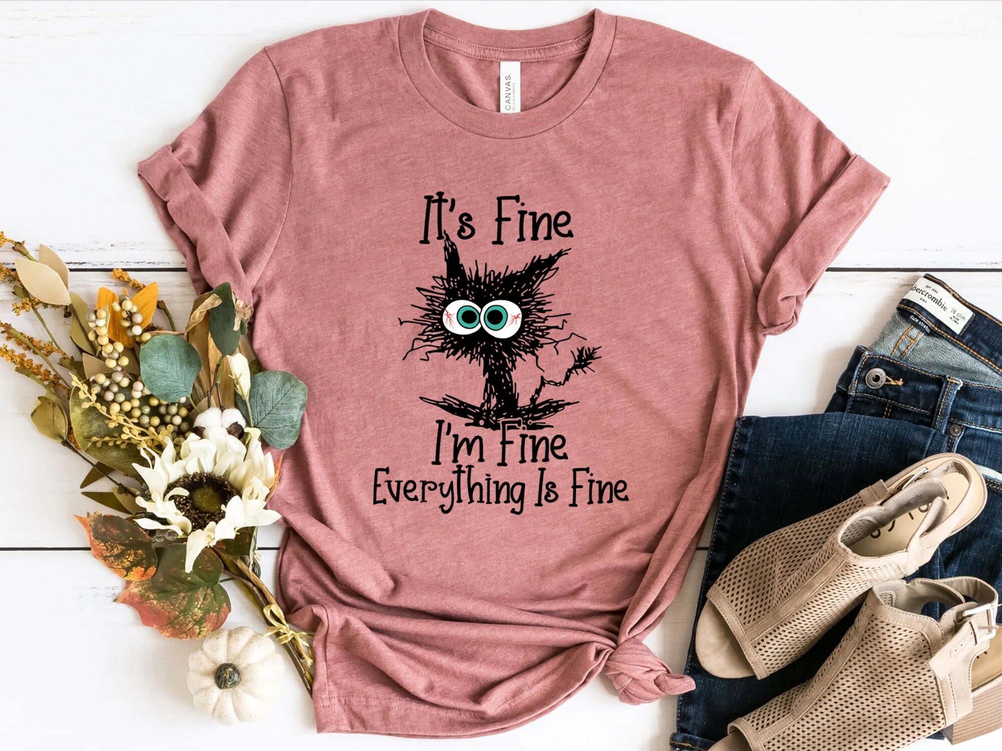 It's Fine I'm Fine Everything Is Fine Shirt, Cute Black Cat Tee, Sarcasm T-Shirt, Everything Is Fine, Funny Cat Tee, Funny Gift Cat Lover