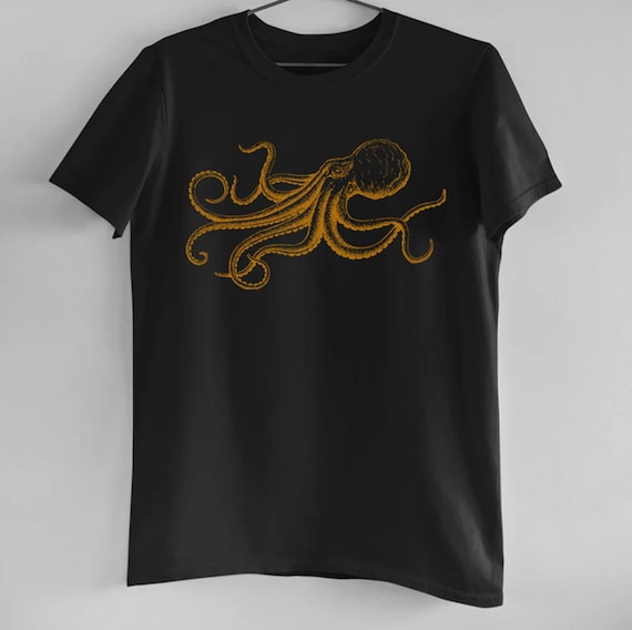 Octopus Japanese Calligraphy T Shirt Gyotaku Traditional Art Japan Anime Manga Gold Print Yoga Martial Arts Samurai Mens Womens Printed Tee