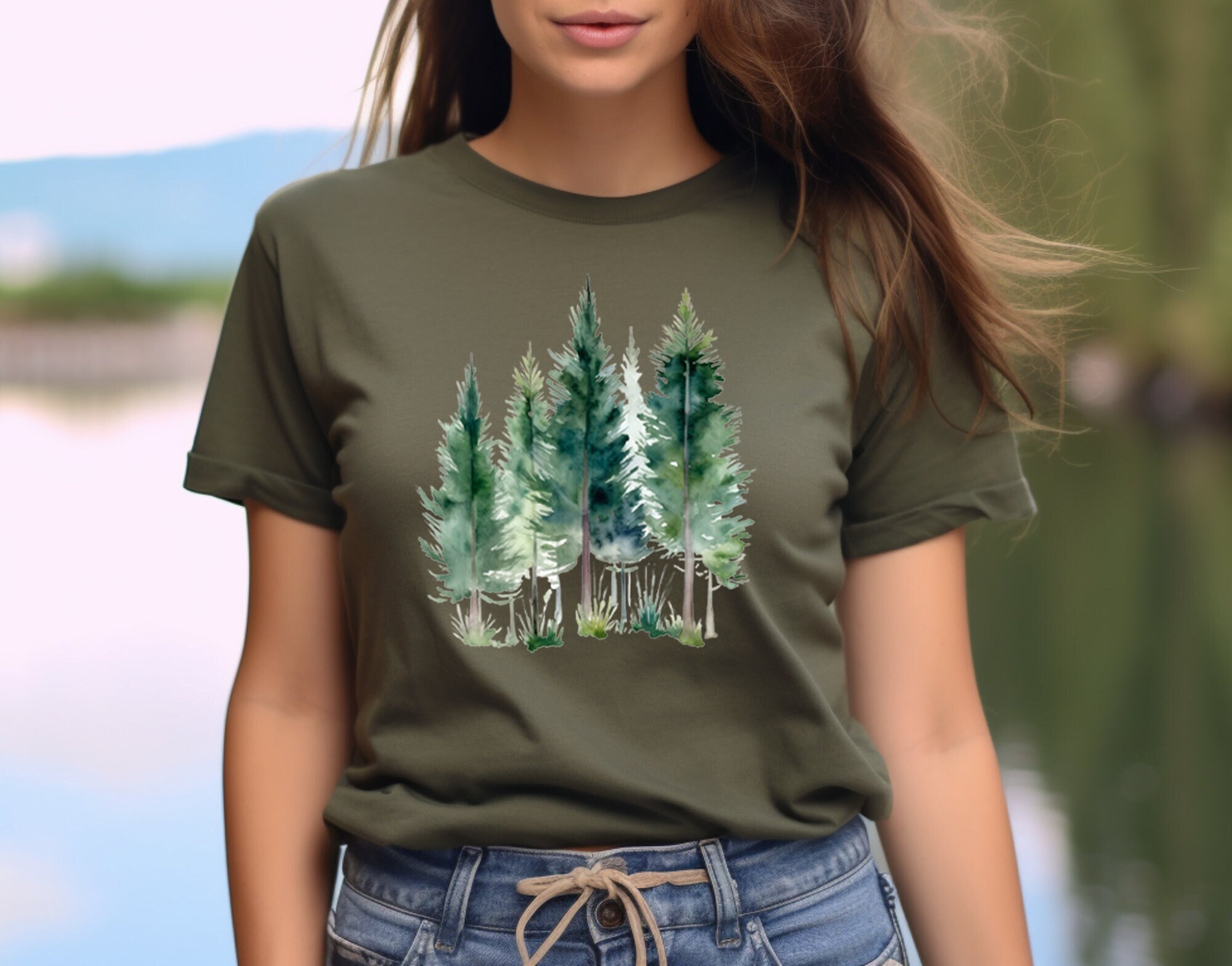 Watercolor Trees Shirt, Forest Graphic Tee, Nature Tshirt, Watercolor Art, Pine Tree, Landscape Shirt, Camping Tee, Bird, Forest Shirt, Gift