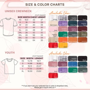 May include: Size and color charts for unisex and youth crewneck t-shirts. The charts show the width, chest, and length measurements in inches for each size. The available colors include white, athletic grey, dark grey, black, soft cream, team purple, deep teal, heather navy, pink, heather mauve, heather maroon, maroon, heather peach, kelly green, heather forest green, military green, tan, orange, burnt orange, autumn, red, and gold.