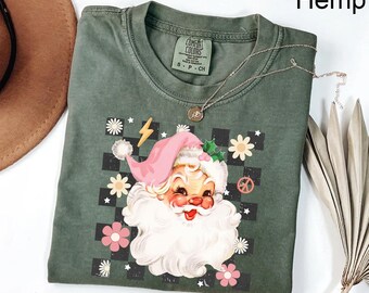 Comfort Colors® Christmas Checkered Pink Santa Tee, Retro Santa Shirt, Christmas For Women, Retro Christmas Shirt, Christmas Shirt For Women