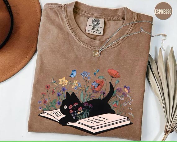 Comfort Colors® Floral Cat Shirt, Cat Lover Shirt, Cat Book Shirt, Cat Lover Gift, Cat Mom Shirt Gift, Cute Cat Shirts, Cute Book Cat Shirt