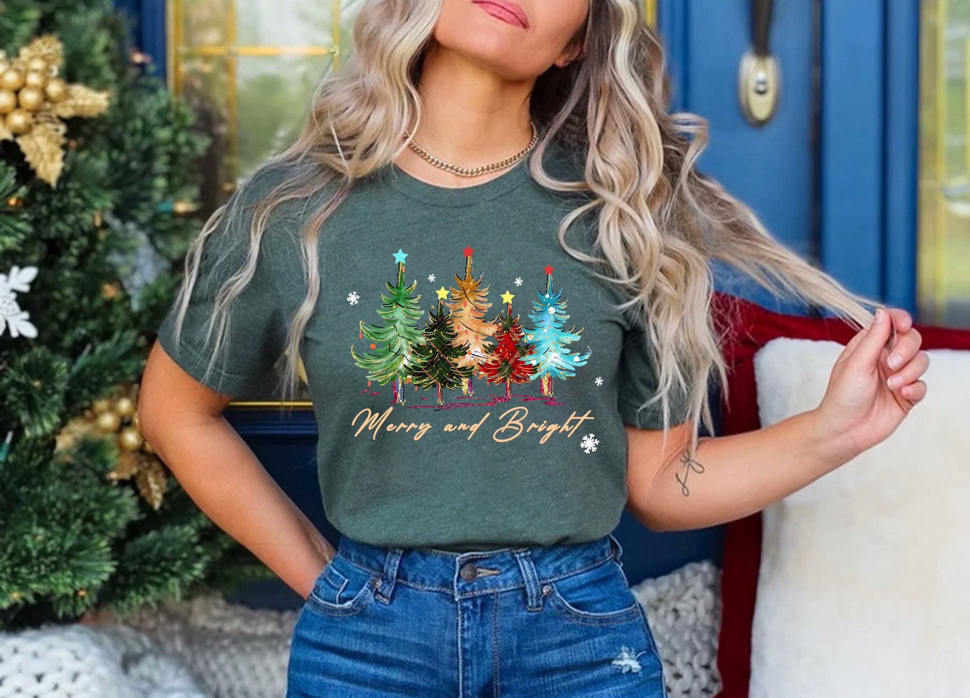 PICKID Women's Merry & Bright Christmas Tree T-Shirt - Funny Holiday Graphic Tee, Short Sleeve