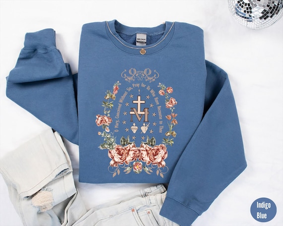 Miraculous Medal Sweatshirt, Virgin Mary Shirt, Marian Cross T-Shirt, Holiday Gifts Idea,Catholic Gifts for Women,Marian Catholic Sweatshirt