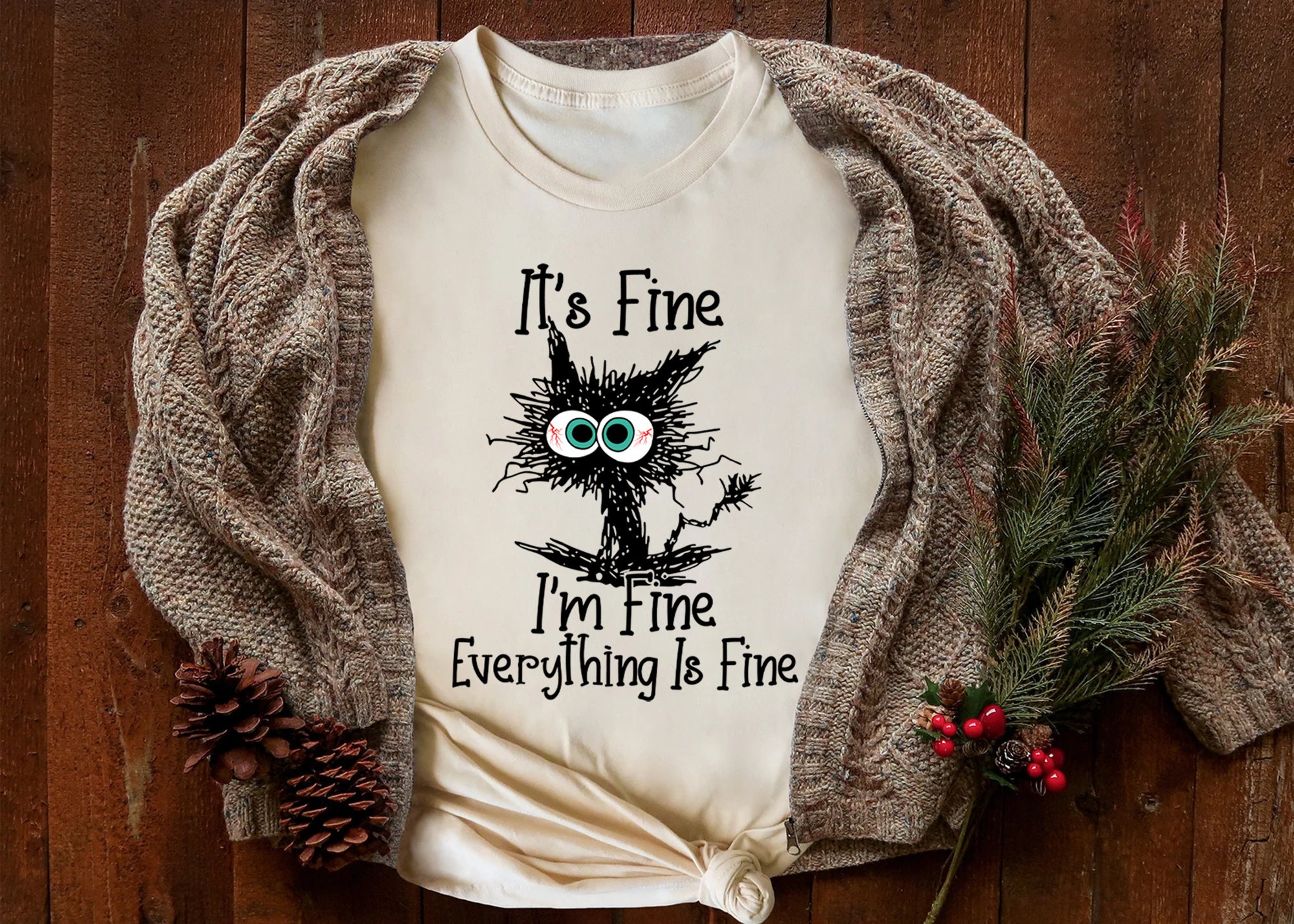 It's Fine I'm Fine Everything Is Fine Shirt, Cute Black Cat Tee, Sarcasm T-Shirt, Everything Is Fine, Funny Cat Tee, Funny Gift Cat Lover