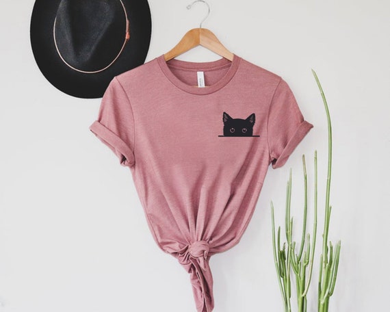Black Cat Shirt, Cat Shirt, Cute Kitty Tee, Kitten T-shirt, Gift for Cats Lover, Cat Mom Shirts, Cat Shirt Women, Cat Shirt,Cat Pocket Shirt