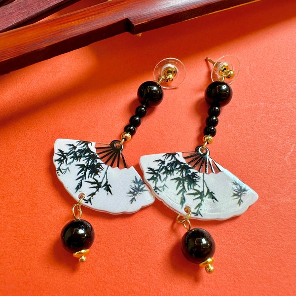 Traditional Chinese Fan-shaped Earrings with Hand-Painted Bamboo