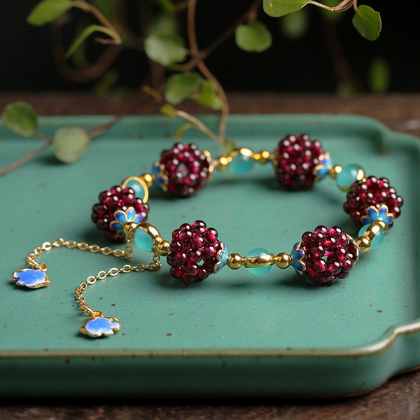 Chinese-Style Handcrafted Garnet and Amazonite Lapis Lazuli Bracelet