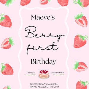 Berry first Strawberry themed Birthday invitation