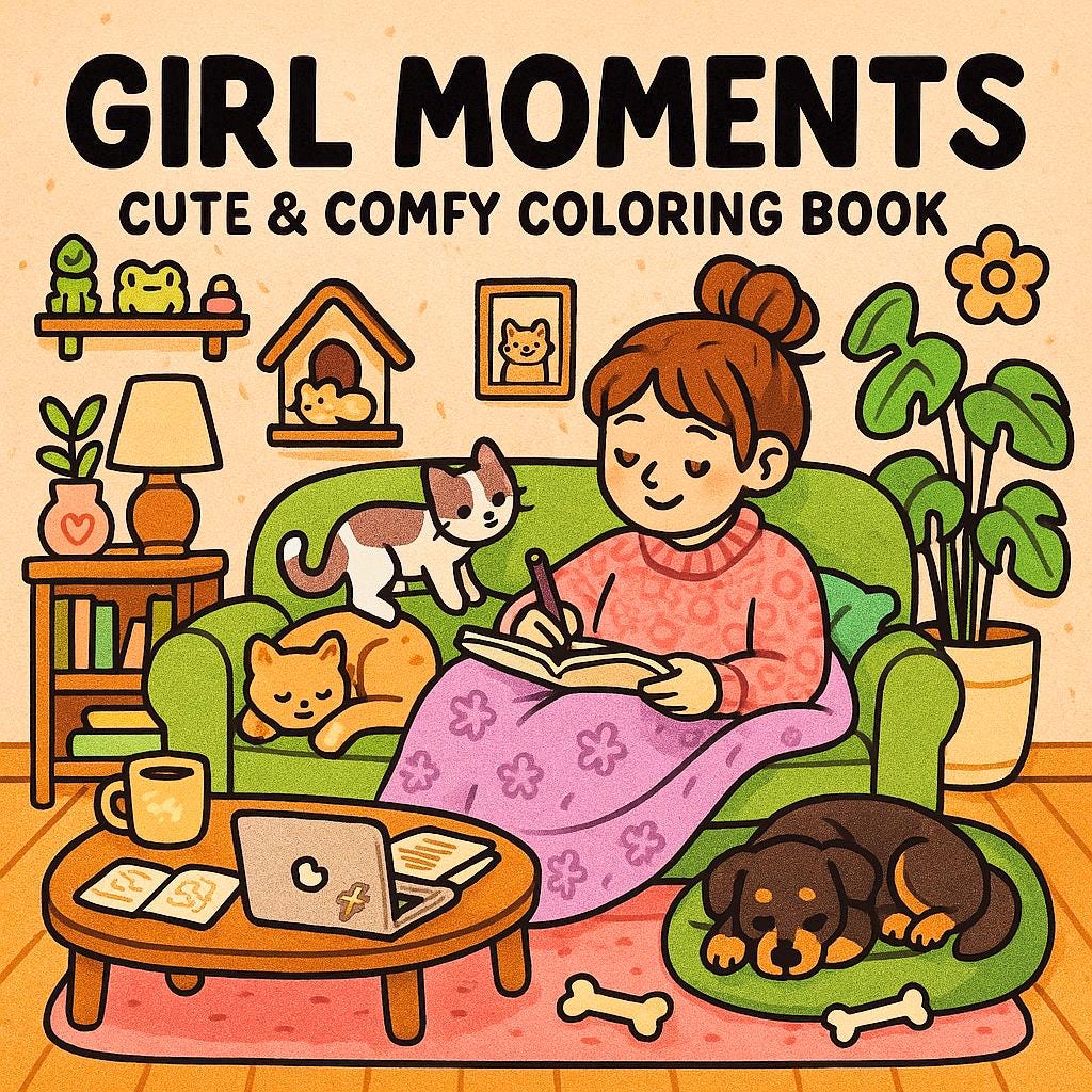 Coco Wyo Girl Moments Libro para colorear para adultos – 42 páginas digitales, diseños tiernos y acogedores, trazos gruesos y PDF fácil