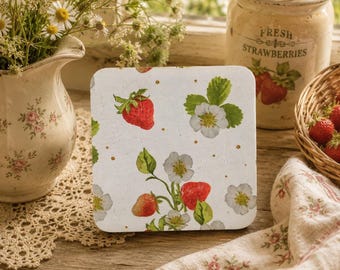 Handmade Wooden Coaster, Vintage Cottage Core Strawberry Design, Kitchen Decor