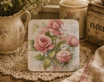 Handmade Wooden Coaster, Vintage Cottage Core Floral Style FREE P&P