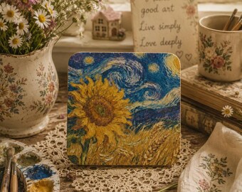 Handmade Wooden Coaster, Vintage Cottage Sunflowers inspired FREE P&P