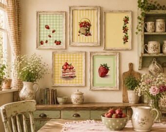Erdbeer-Küchenwandbild-Set (5-teilig) | Cottagecore-Drucke (A4) | Vintage-Frucht-Küchendeko | Digitaler Download