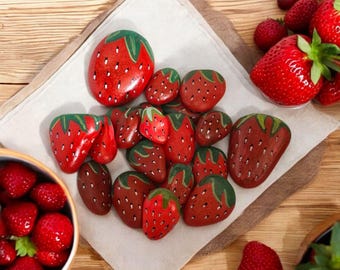 hand painted strawberry pebbles - whimsical summer decor