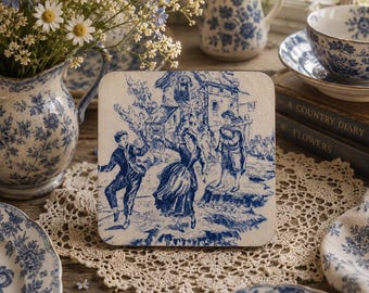 Handmade Wooden Coaster, Vintage Cottage Core Blue Toile Inspired FREE P&P
