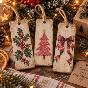 Könnte beinhalten: Drei rechteckige Holzanhänger mit abgenutzter Oberfläche, jeweils mit einer Schlaufe aus Jutekordel. Die Motive zeigen einen grünen Stechpalmenzweig mit roten Beeren, einen roten Weihnachtsbaum mit goldenem Stern und eine rote Schleife.