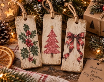 Rustic Wooden Christmas Decorations, Set of 3 or 4, Handmade Decoupage Ornaments, Traditional Cottage Christmas Decor