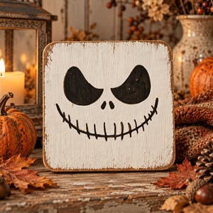 Könnte beinhalten: Ein quadratisches Holzschild mit abgenutztem weißem Finish und einem handgemalten schwarzen Jack Skellington-Gesicht. Das Design umfasst zwei große mandelförmige Augen, zwei kleine vertikale Nasenlöcher und einen breiten, vernähten Mund.