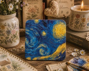 Handmade Wooden Coaster, Vintage Cottage Starry Night inspired FREE P&P