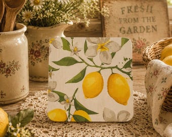 Handmade Wooden Coaster, Vintage Cottage Core Lemon Floral Style FREE P&P