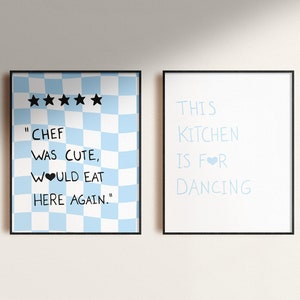 Cute Cooking Wall Art Set - 2 Prints | Aesthetic Kitchen Prints for Digital Download | Minimalist Heart Poster | Blue-White Checked Pattern