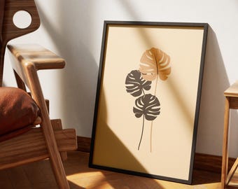 Monstera Leaf Print: Minimalist Beige Botanical Art (Digital Download)