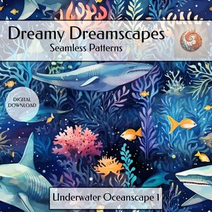 Underwater Scene seamless pattern, sharks fish and ocean plants repeat tile, Bright colorful ocean digital download file