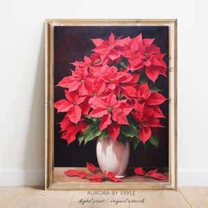 Poinsettia Still Life stampabile, arredamento rustico natalizio, arte murale floreale senza tempo, stampa digitale botanica luminosa per le vacanze, cartolina di Natale