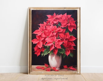 ポインセチアの花の油絵 – ヴィンテージクリスマスボタニカルプリント
