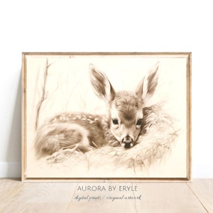 Herbst Rehkitz Sepia Zeichnung, süsses Baby Rentier in der Natur Bleistift Skizze, Gedämpfte Erdige Neutrale Töne, Wald Kinderzimmer DIY Digital Art Geschenk