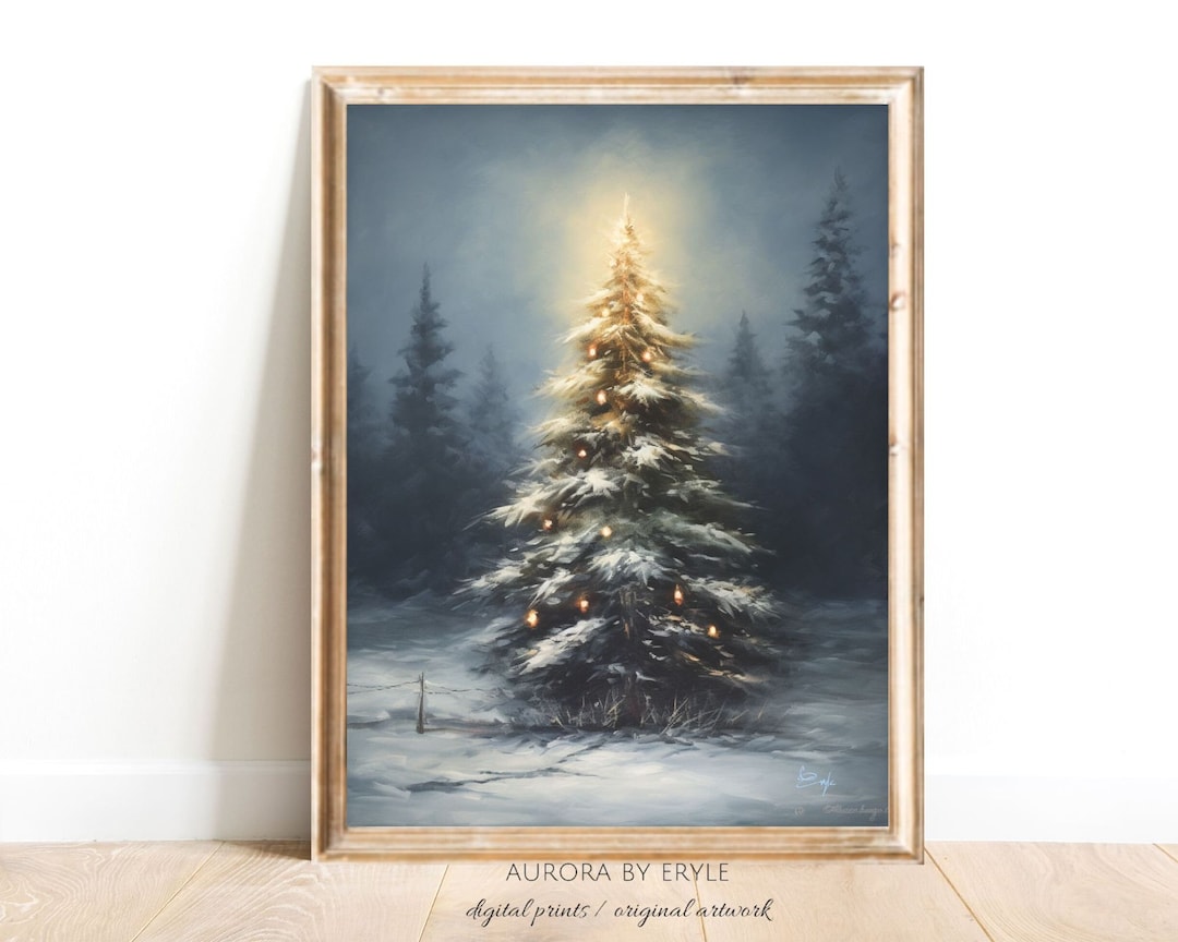 Christmas Tree With Lights Oil Painting, Spruce Trees in Snowy