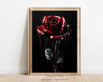 Puede incluir: Impresión artística enmarcada que presenta una rosa roja vibrante con efecto de pintura goteando sobre un fondo negro. La obra de arte está en un marco de madera. El texto "AURORA BY ERYLE digital prints / original artwork" está en la parte inferior.