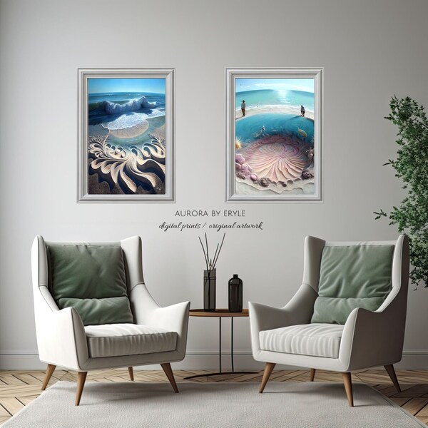 Gallery Set of 2 Abstract Retro Seascape Prints, Surreal Ocean Scenes Printable, Cottage Chic Wall Decor, Unique Digital Seaside DIY Gift